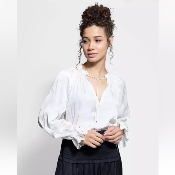 Ulla Johnson Irene Pearl White Drawstring Neck Blouse - Picture 6 of 12